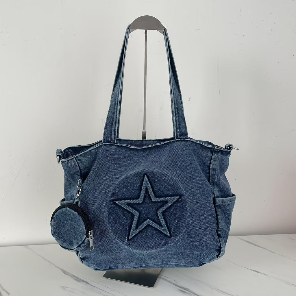 2025 New Korean Style Large Capacity Tote Bag, Versatile Denim Shoulder Bag with Wide Strap