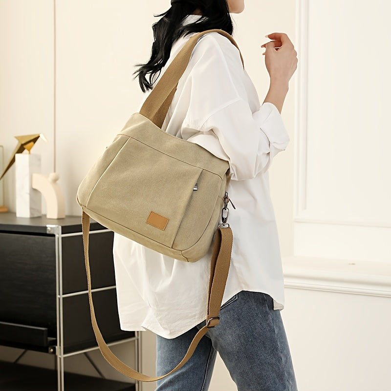 Stylish Tote Bag Durable Beige and Brown Women's Casual Canvas Tote Bag with Multiple Pockets and Zipper Closure