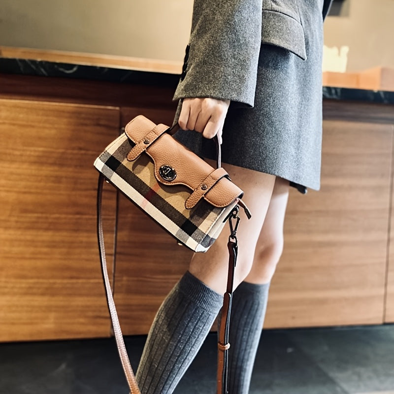 Vintage Plaid Canvas Handbag for Women - Adjustable Strap, Zipper Closure, Polyester Lining, Tassel Detail