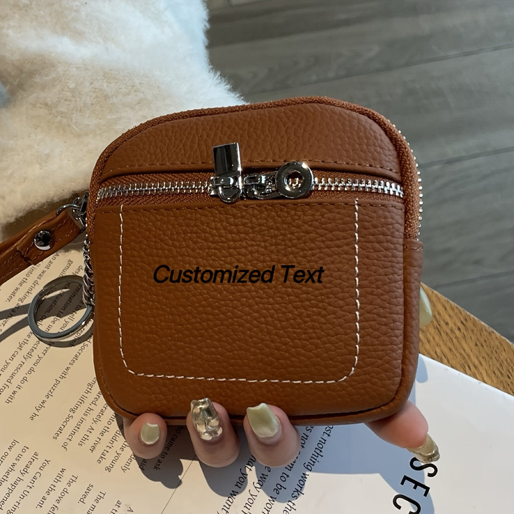 Custom Vintage Mini Genuine Leather Zipper Wallet with Keychain - Lychee Texture Design