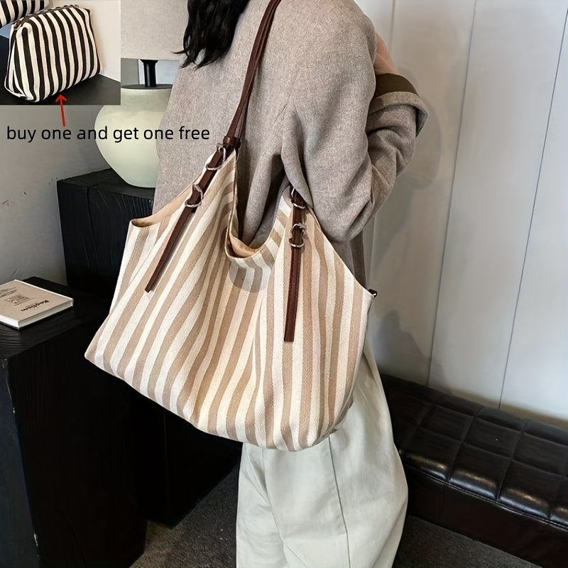 Chic Black & White Striped Canvas Tote Bag with Detachable Shoulder Strap - Large Capacity