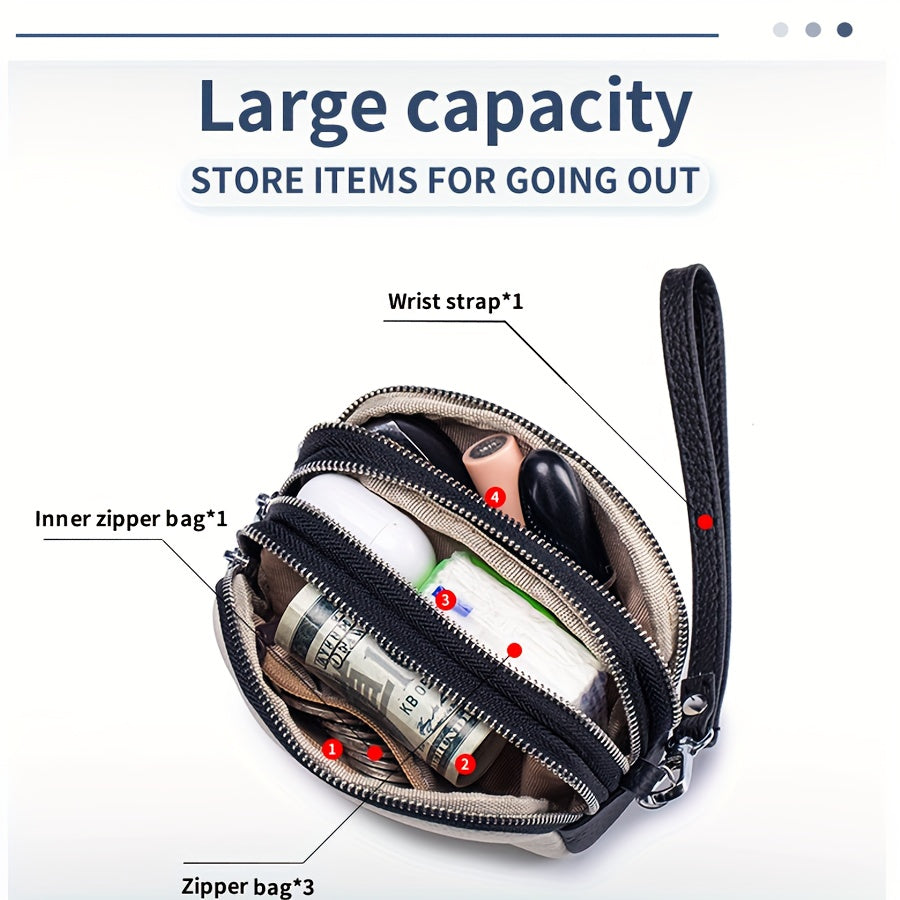 OBCREATOR Women'S Genuine Leather Coin Purse - Mini Wallet with 3 Zipper Compartments