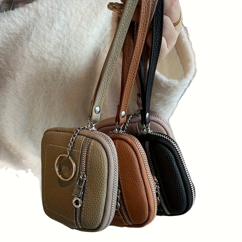 Custom Vintage Mini Genuine Leather Zipper Wallet with Keychain - Lychee Texture Design