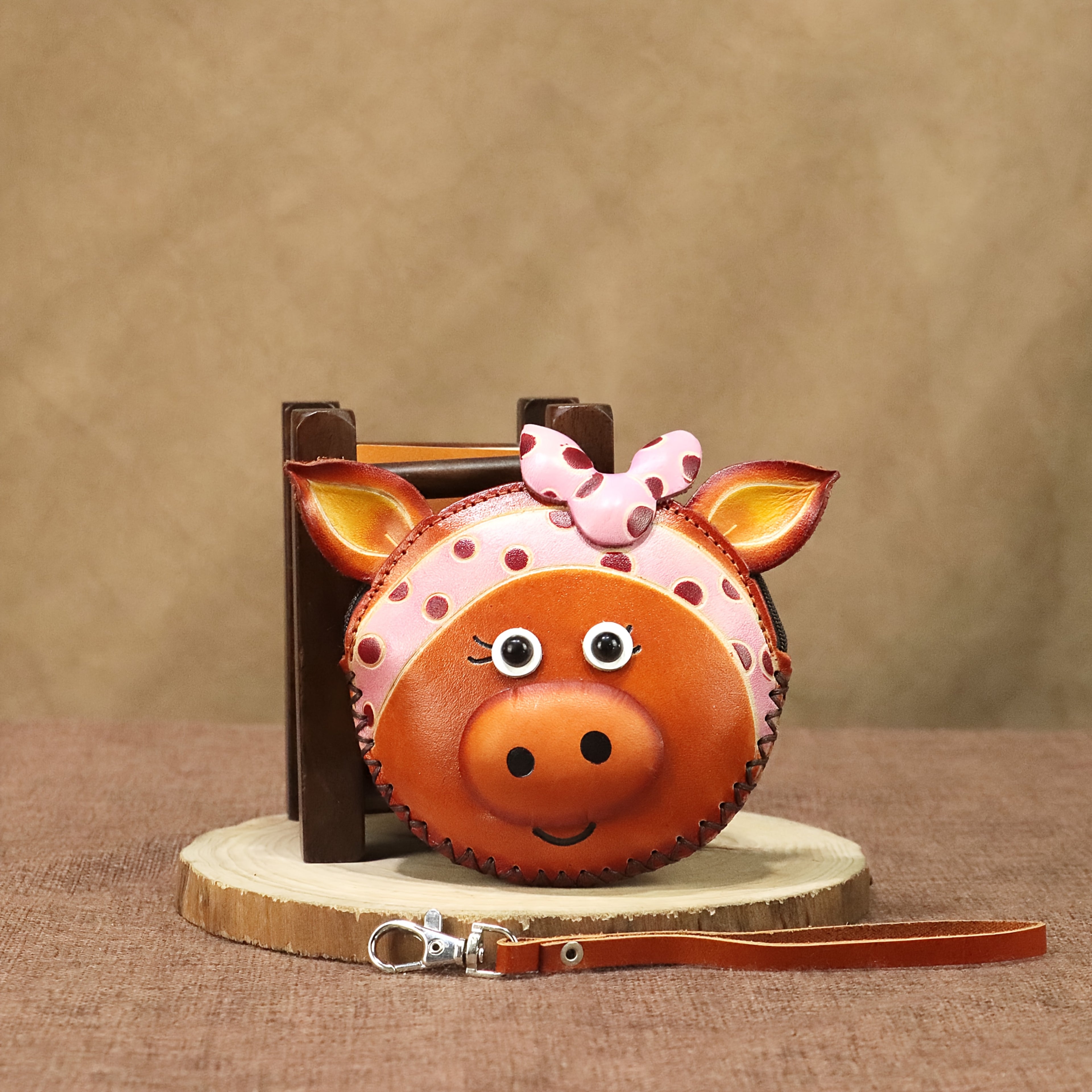 Handcrafted Retro Bowknot Headscarf Pig Purse - Genuine Leather Coin & Key Wallet with Zipper