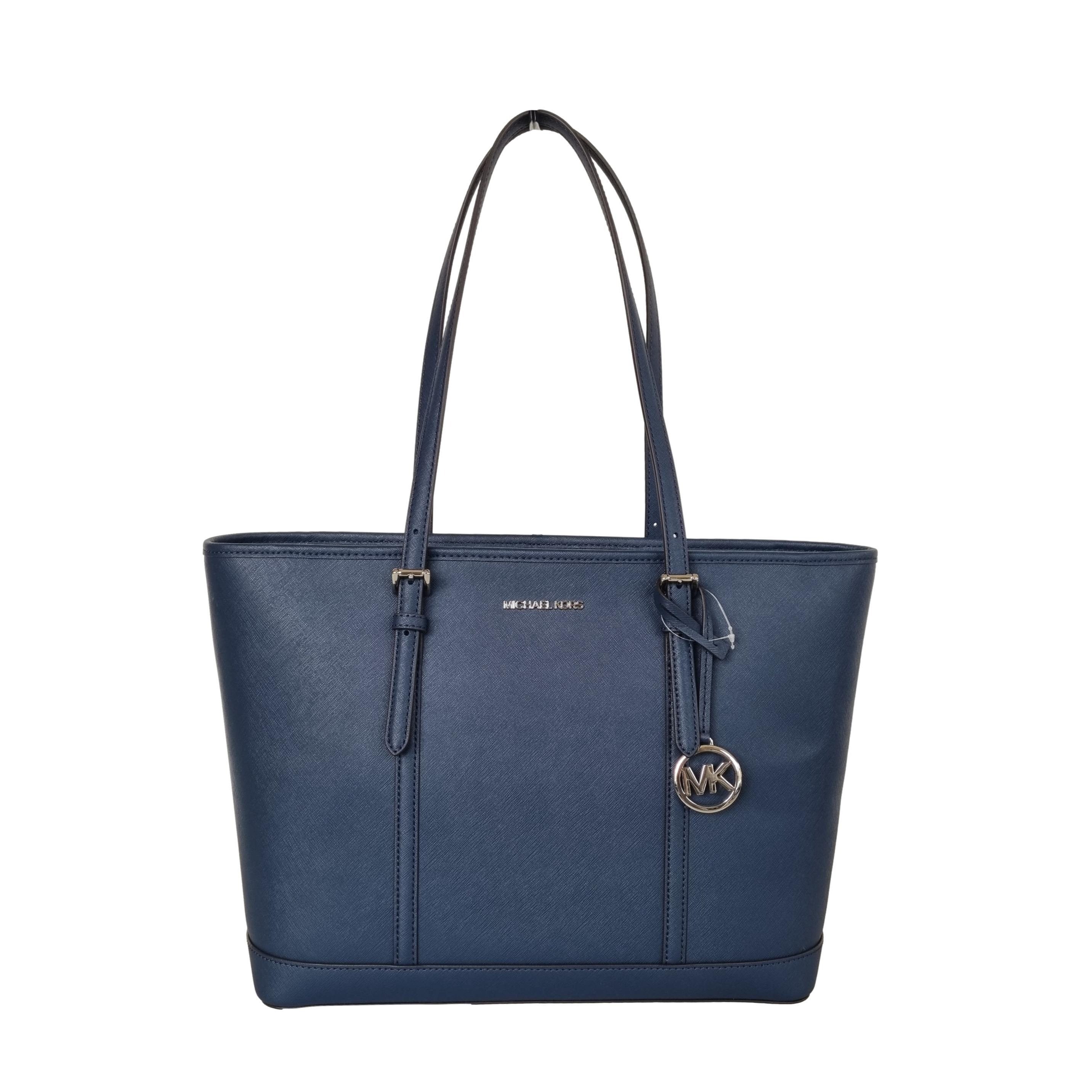 Michael Kors Jet Set Travel Women Large Leather Top Zip Shoulder Tote Bag Navy