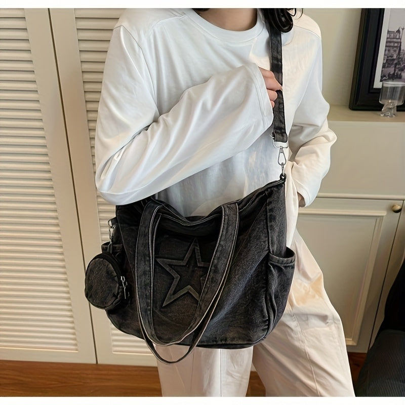 2025 New Korean Style Large Capacity Tote Bag, Versatile Denim Shoulder Bag with Wide Strap