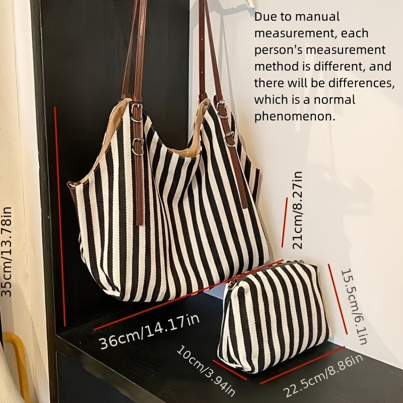 Chic Black & White Striped Canvas Tote Bag with Detachable Shoulder Strap - Large Capacity