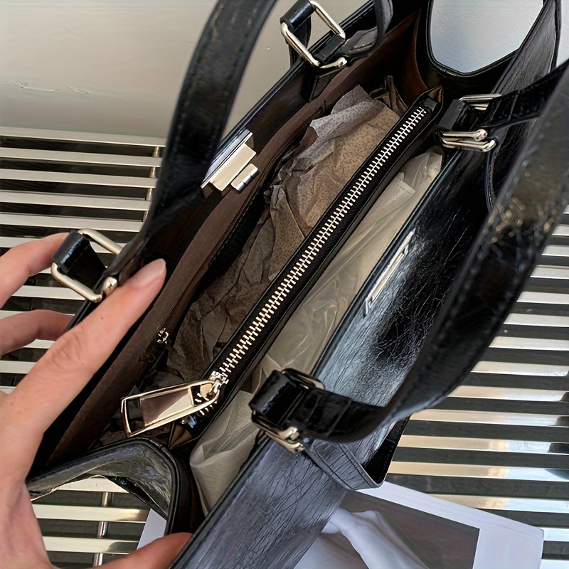 Women's Genuine Second-Layer Handbag - Large Capacity Convertible Shoulder Bag & Clutch with Turn-Lock Closur