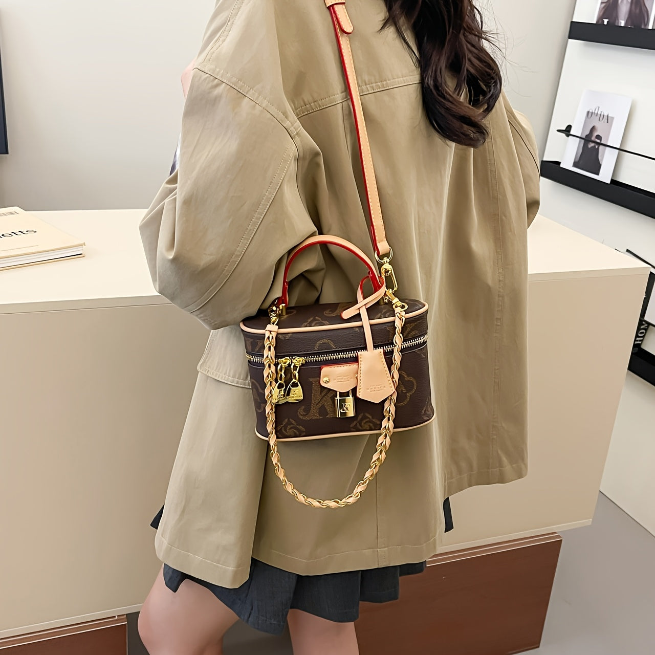 Yatong Women's Coffee Brown Handbag with Golden-Tone Hardware, Adjustable Strap & Chain Link - Elegant Tote