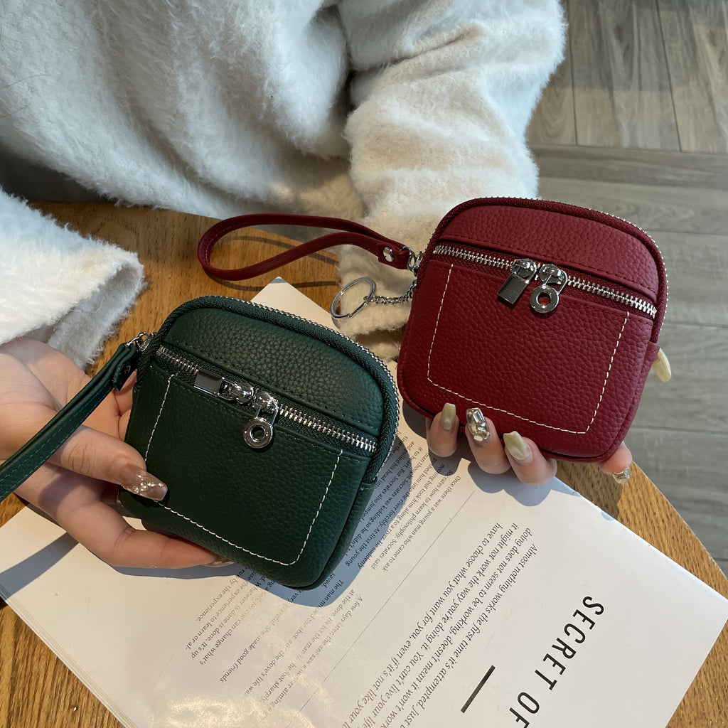 Genuine Leather Mini Coin Purse - Women's Zipper Handbag, Card Holder, Key Bag | Trendy, Compact, Cow Leather
